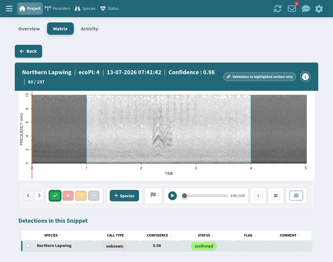 Validation view with spectrogram, audio player, and detection table