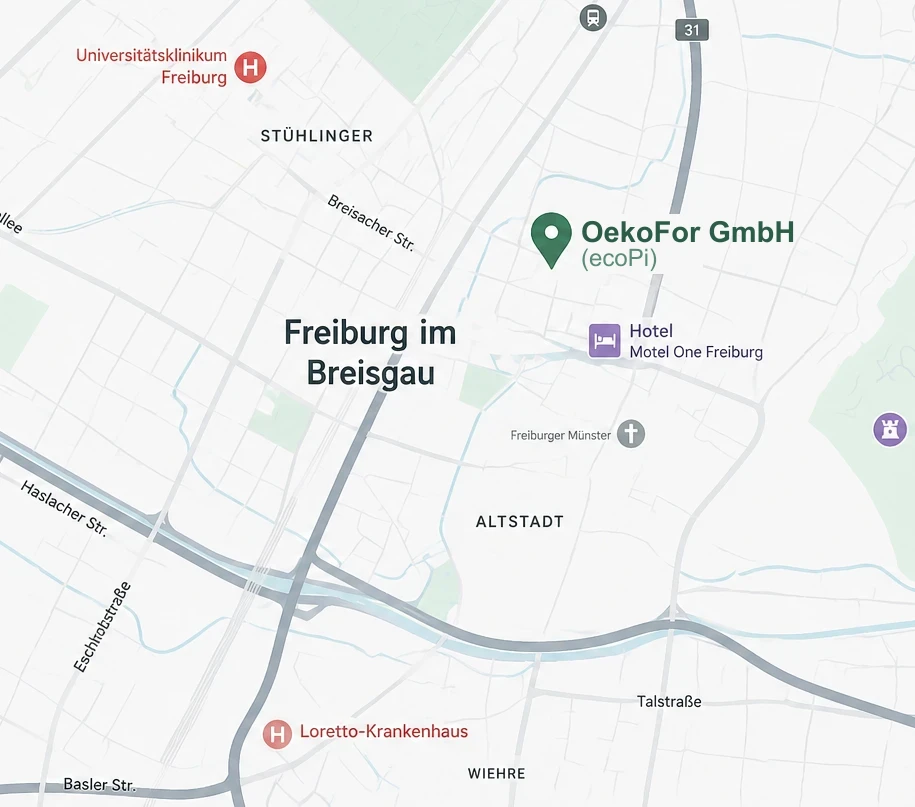 Lageplan mit dem Standort der OekoFor GmbH in der Katharinenstraße 13, Freiburg
